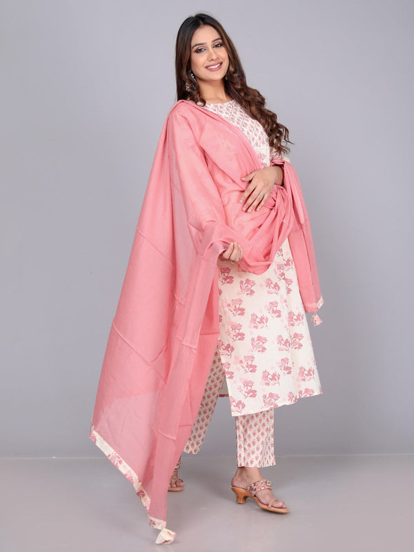 Women's Floral Printed Cotton Kurta Set With Dupatta - Taantav