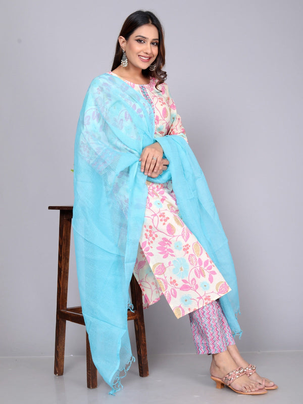 Women's Floral Printed Cotton Kurta Set With Dupatta - Taantav