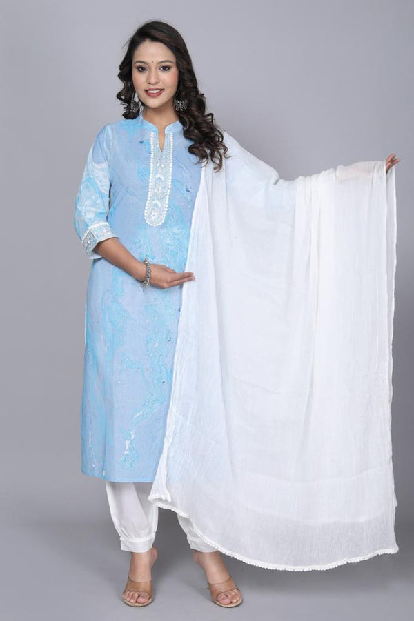 Women's Printed Blue & White Cotton Kurta Set With Dupatta - Taantav