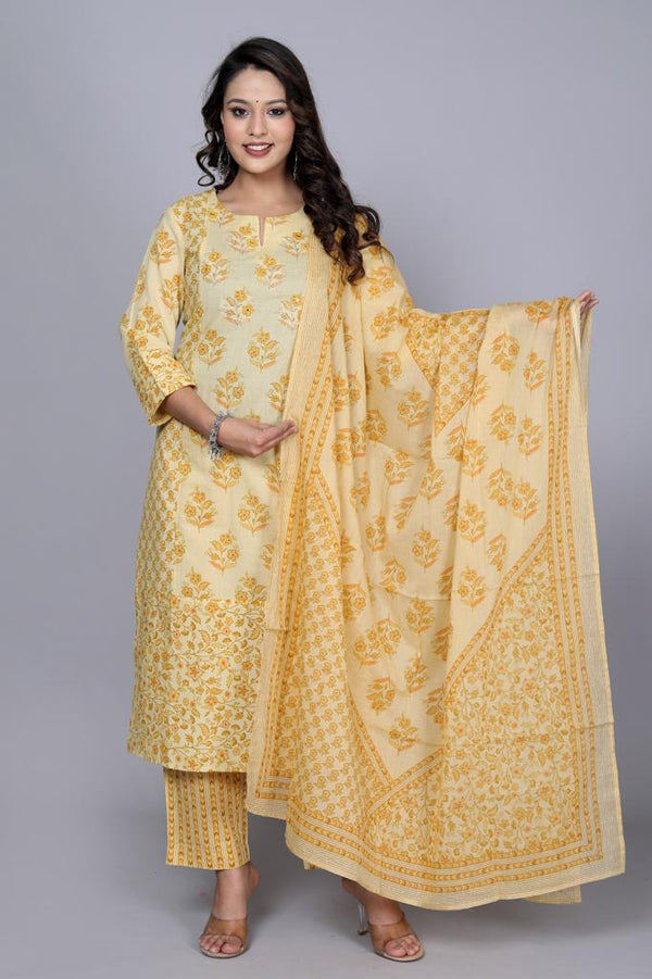 Women's Printed Mustard Cotton Kurta Set With Dupatta - Taantav