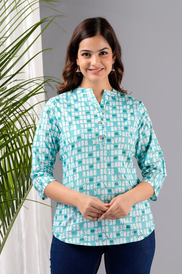 Women's Blue Cotton Printed Tunic - Taantav