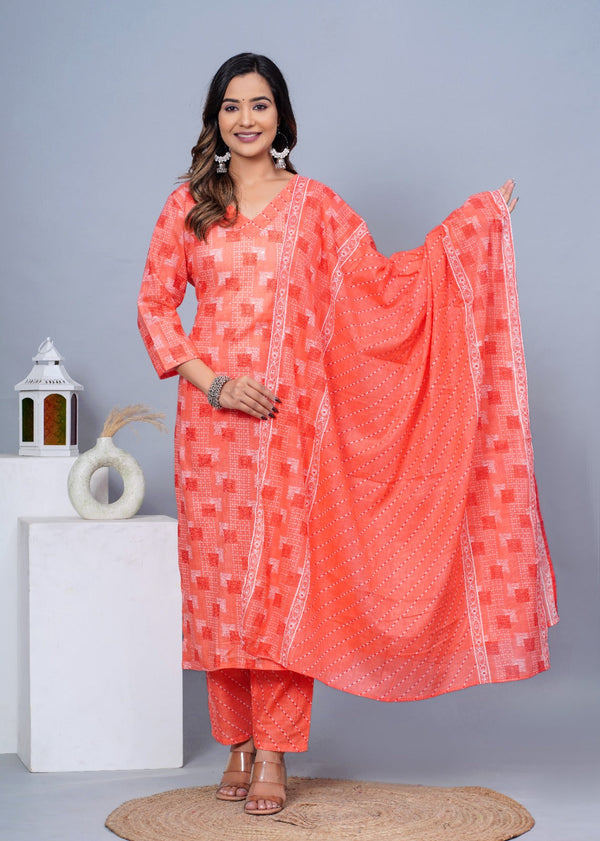 Women's Stylish Cotton Kurta with Pant and Dupatta Set - Taantav