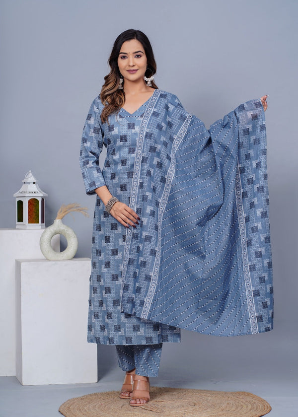 Women's Stylish Cotton Kurta with Pant and Dupatta Set - Taantav