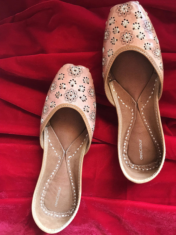 Women's Nude Leather Embroidered Indian Handcrafted Ethnic Footwear - Desi Colour