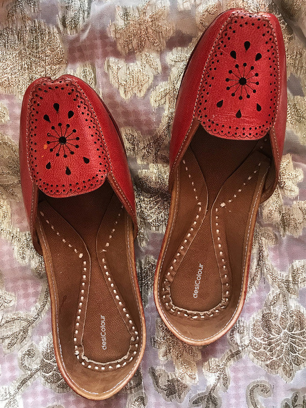 Women's Red Leather Embroidered Indian Handcrafted Ethnic Footwear - Desi Colour