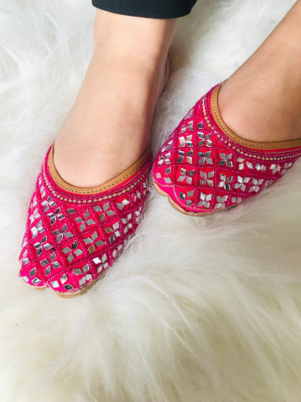 Women's Magenta Pink Mirror Work Leather Embroidered Indian Handcrafted Ethnic Comfort Footwear - Desi Colour