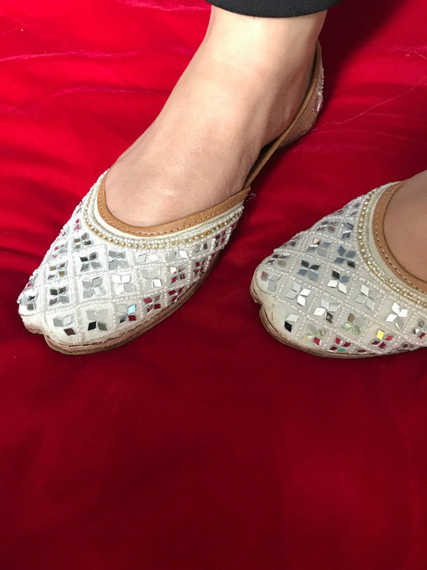 Women's White Mirror Work Leather Embroidered Indian Handcrafted Ethnic Comfort Footwear - Desi Colour