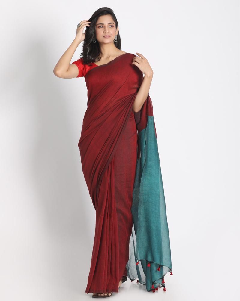 Women's Khadi Cotton Handloom Saree With Pompom Pallu - Angoshobha