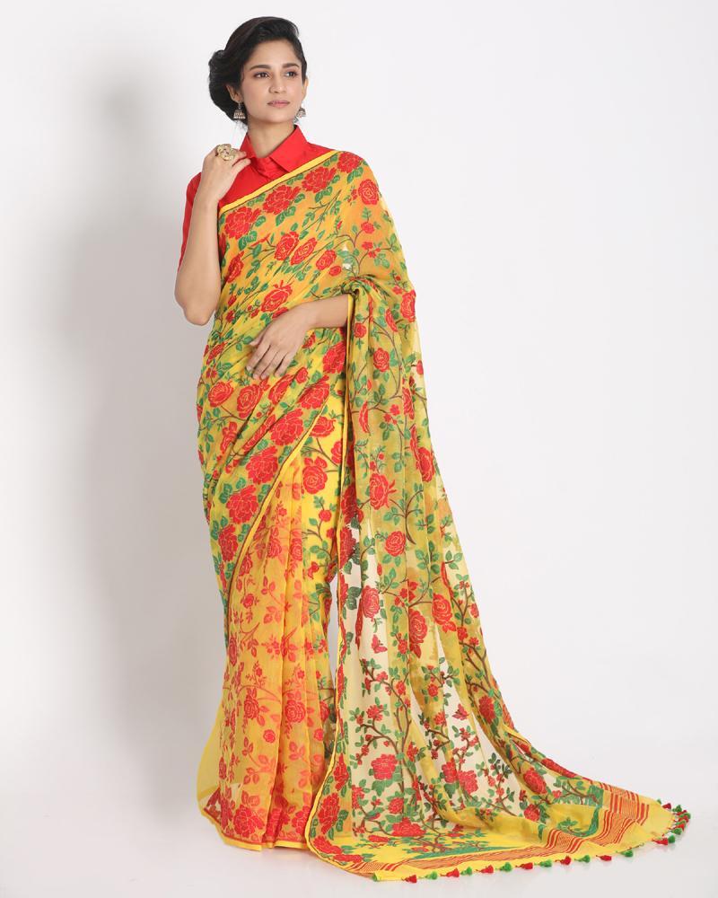 Women's Jamdani Saree With Allover Multi Colour Thread Weaving Without Blouse - Angoshobha