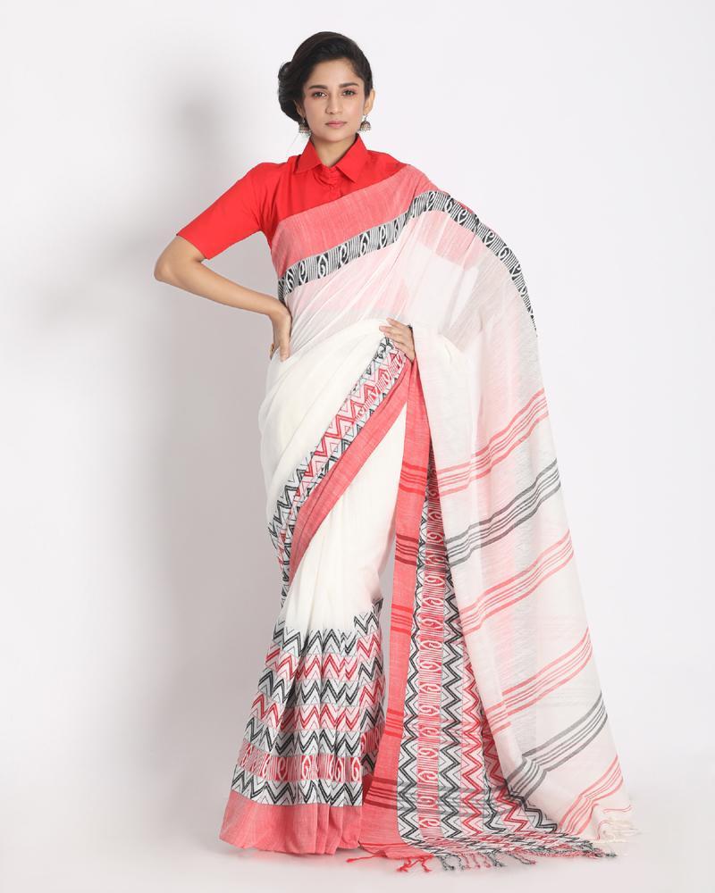 Women's Border White Begampuri Organic Khadi Cotton Saree - Angoshobha