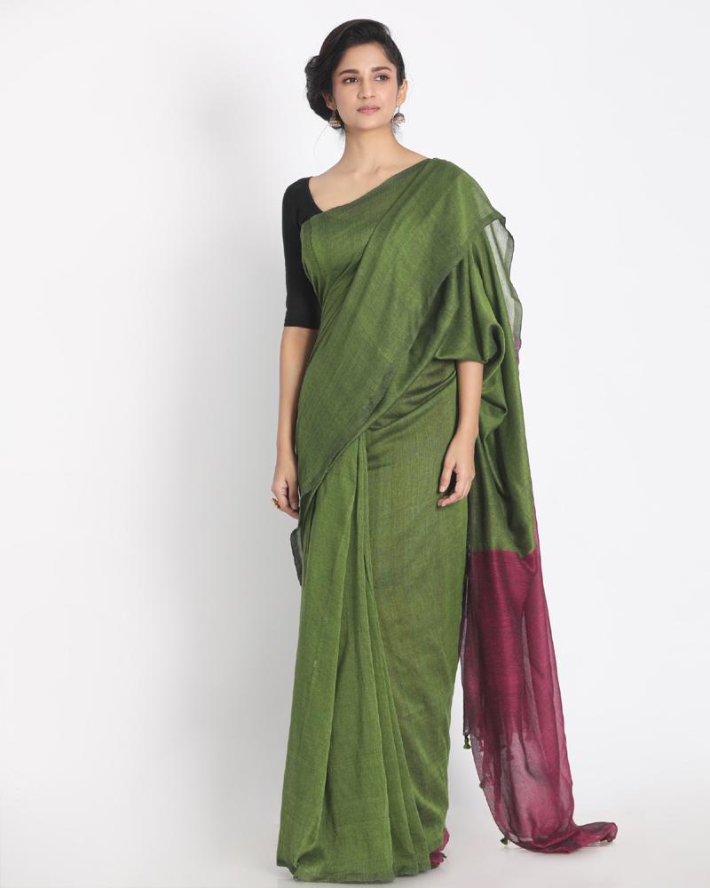 Women's Khadi Cotton Handloom Saree With Pompom Pallu - Angoshobha