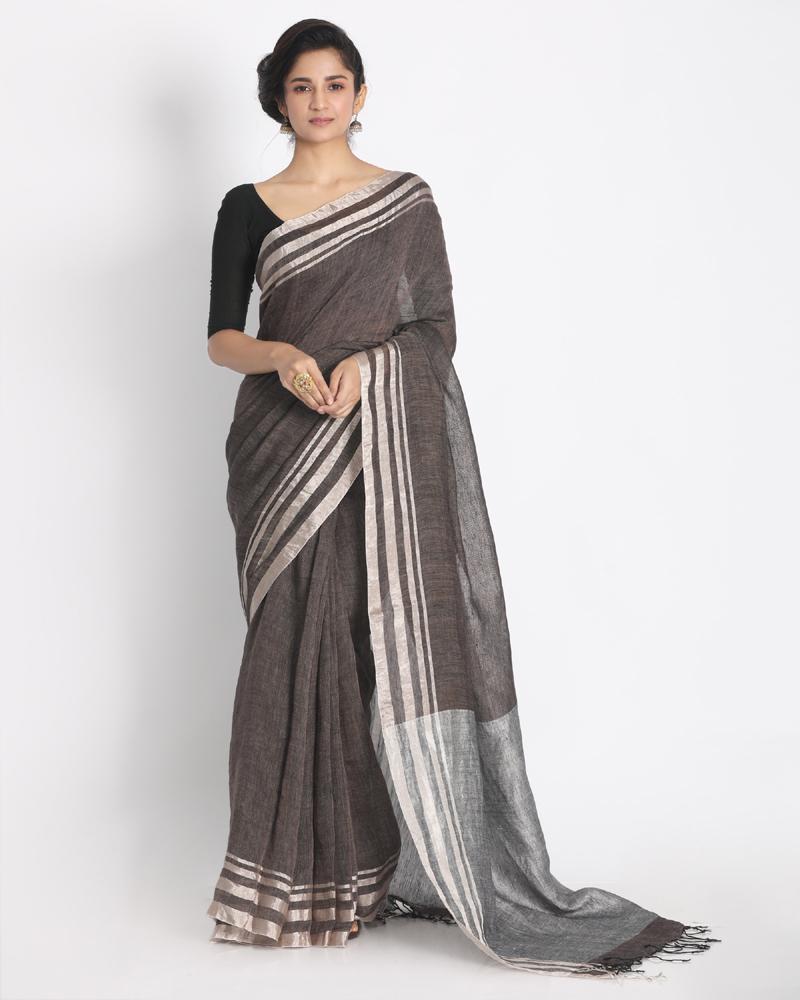 Women's Silver Jori Border Umber Linen Saree Selver Jori Pallu - Angoshobha