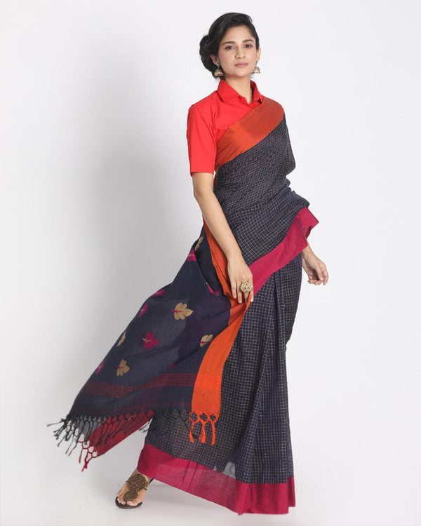 Women's All Over Ketha Work Navy Blue Handloom Saree - Angoshobha