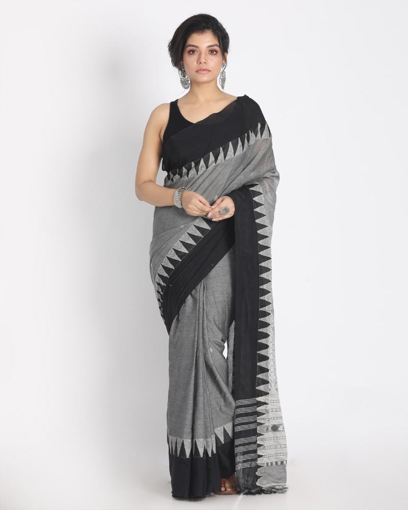 Women's Temple Design Khadi Cotton Handloom Saree Geometric Hand weaving Pallu1 - Angoshobha