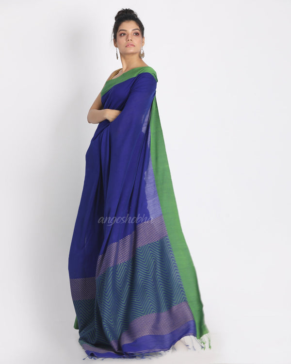 Women's Bengal blue handwoven mulmul cotton saree - Angoshobha