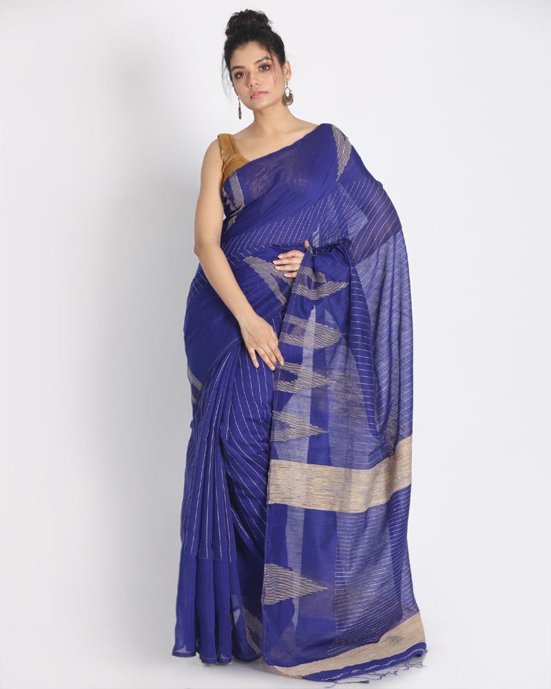 Women's Gheecha Weaving Katha Work Handloom Blended Cotton Saree - Angoshobha