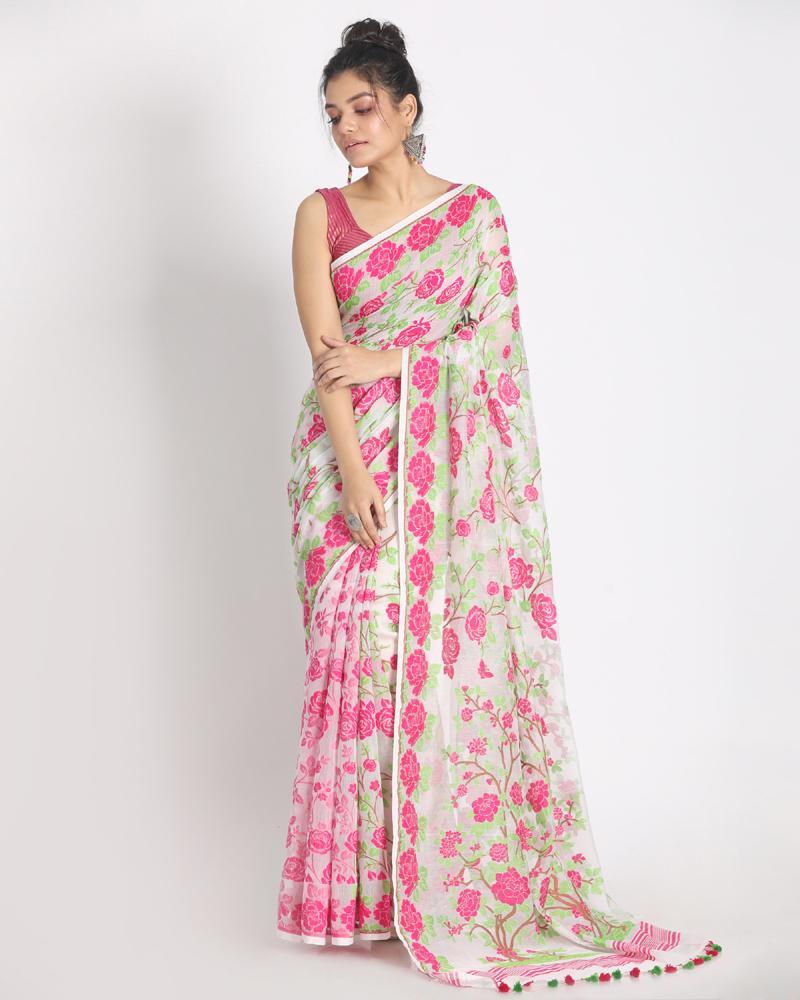 Women's Jamdani Saree With Allover Multi Colour Thread Weaving Without Blouse - Angoshobha