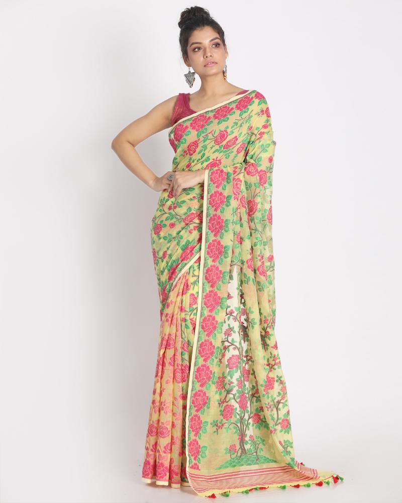 Women's Jamdani Saree With Allover Multi Colour Thread Weaving Without Blouse - Angoshobha