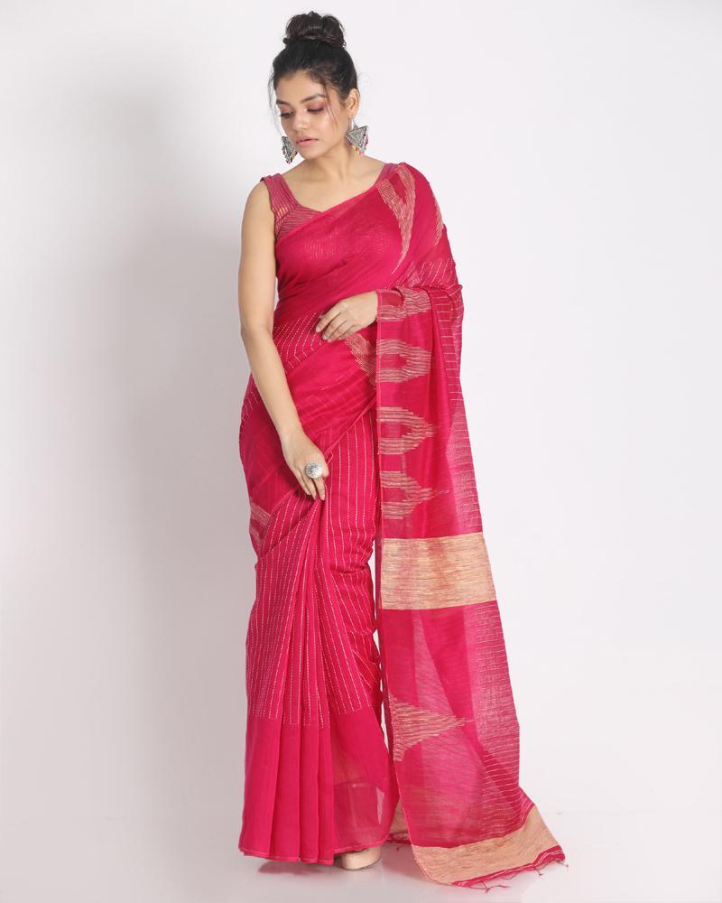 Women's Gheecha Weaving Katha Work Handloom Blended Cotton Saree - Angoshobha