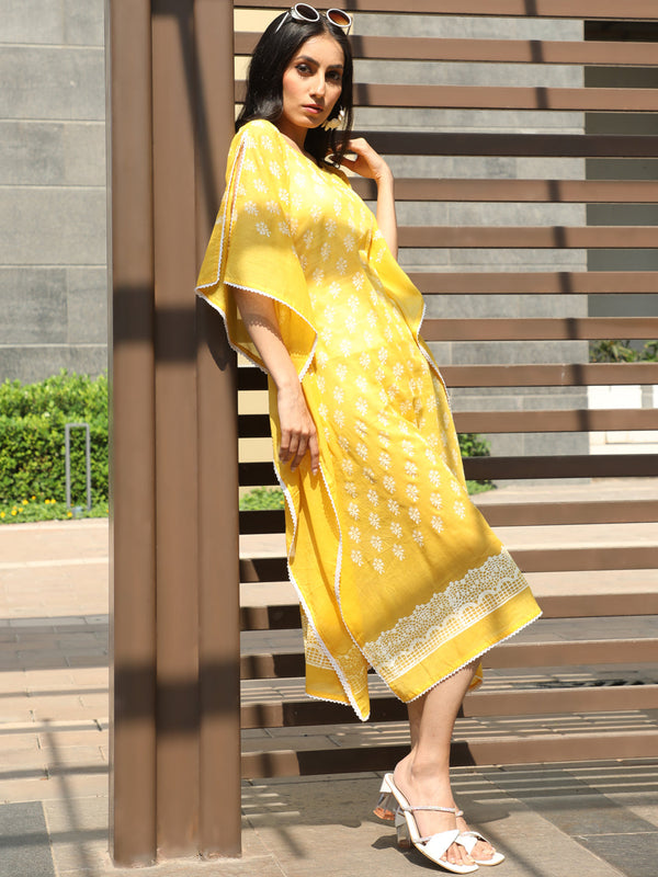 Women's Yellow Hand Block Printed Kaftan Dress - Aks