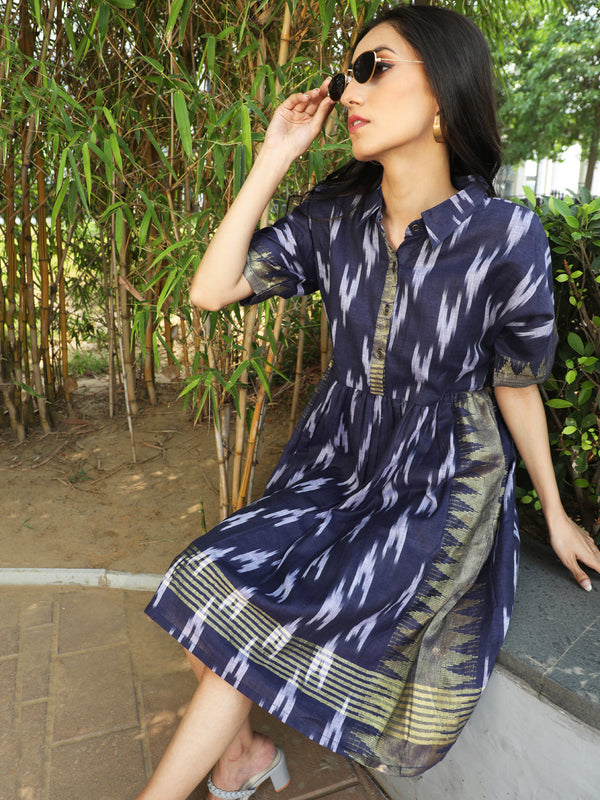 Women's Navy Blue Ikat Skater Dress - Aks