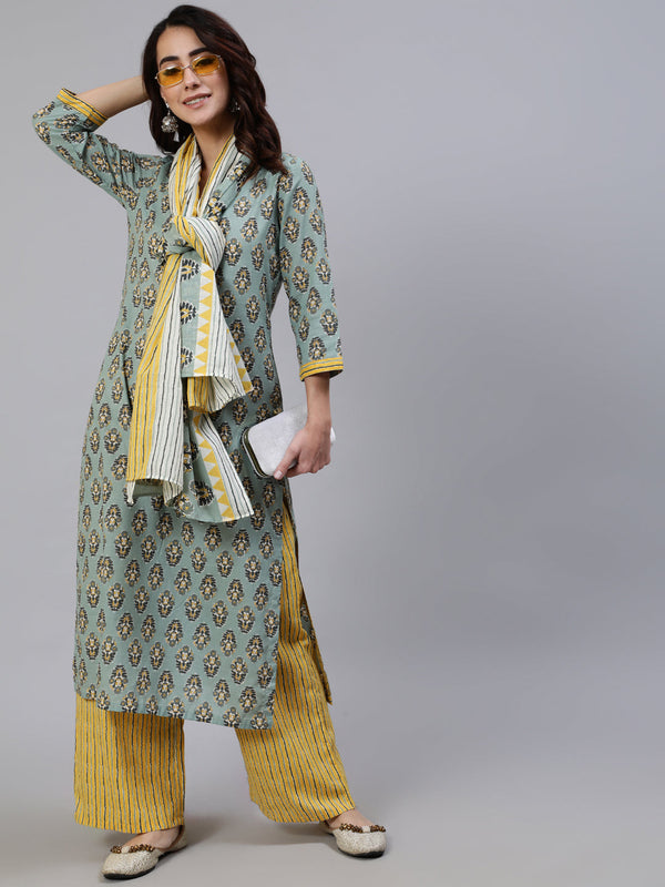 Women's Green Printed Kurta Palazzo With Dupatta - Aks