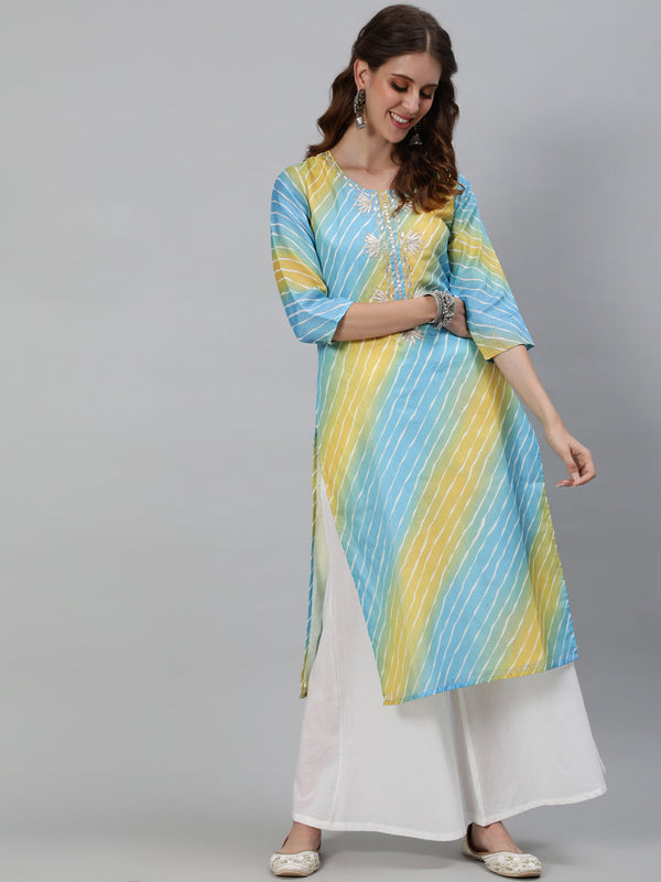 Women's Blue Leheriya Print Yoke Embroidered Kurta - Aks