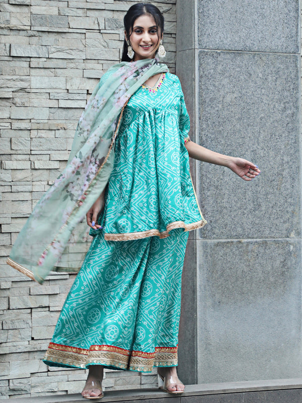 Women's Green Bandhani Print Kurta Sharara With Dupatta - Aks