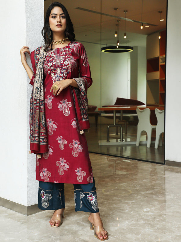 Women's Burgundy Embroidered Kurta Palazzo With Dupatta - Aks