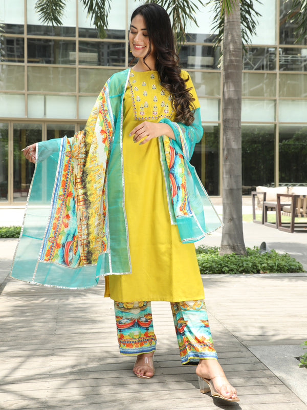 Women's Yellow Embroidered Kurta Palazzo With Dupatta - Aks