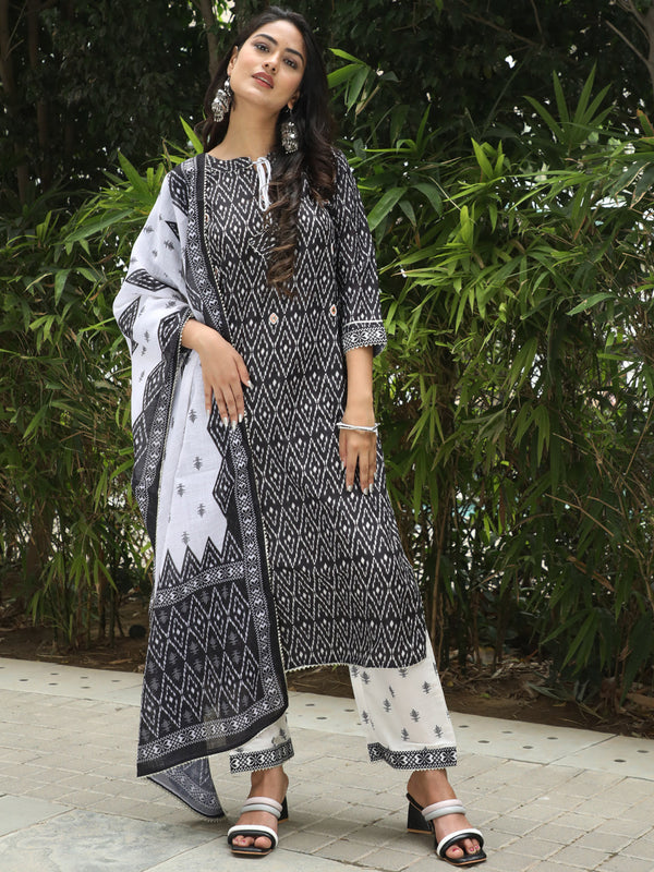 Women's Black & White Geometric Print Kurta Palazzo With Dupatta - Aks