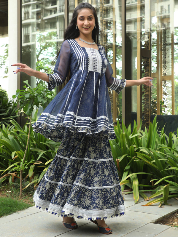 Women's Navy Blue Floral Print Kurta Sharara Set - Aks