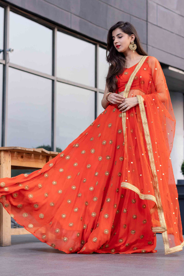 Women's Bright Orange Lehenga Set - Label Shaurya Sanadhya USA