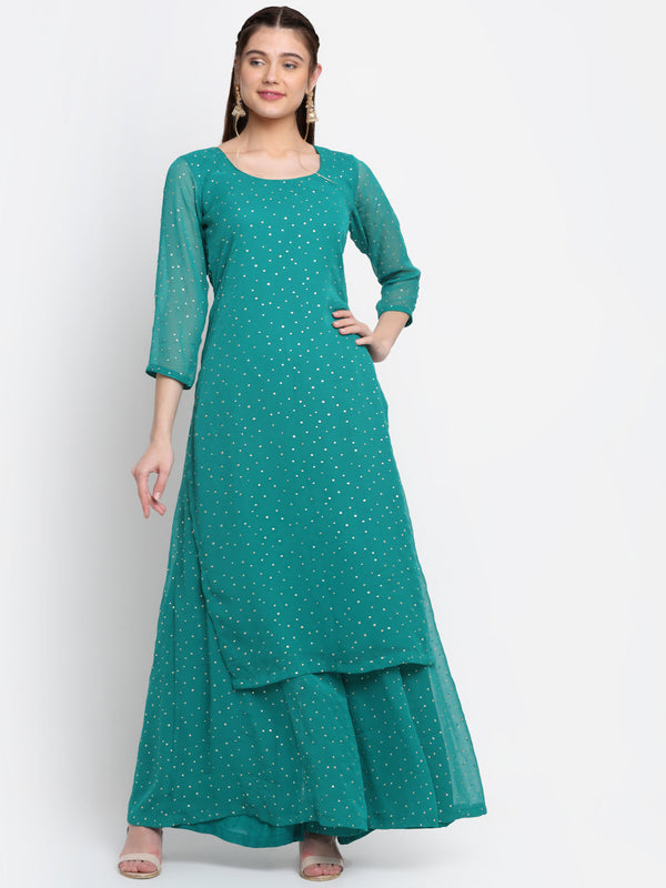 Women's Sparkling Green Hues Georgette Foil Straight Kurti With Palazzo - Anokherang