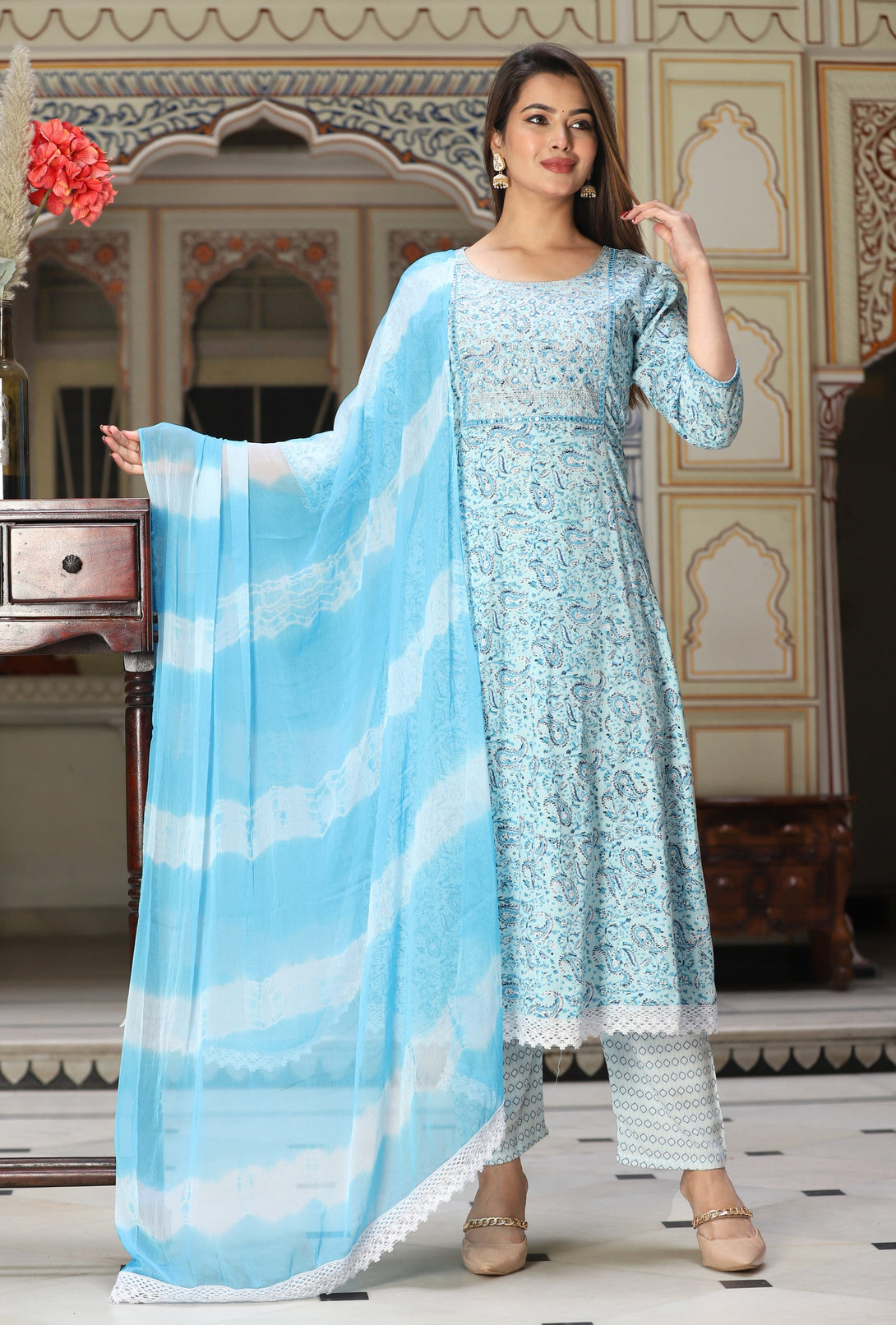 Women's Anarkali Rayon Printed Embroidered Kurta With Pants And Dupatta  - Singni