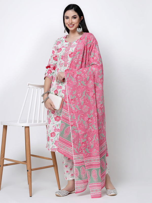 Women's Pink Floral On White Cotton Suit Set - Benaaz