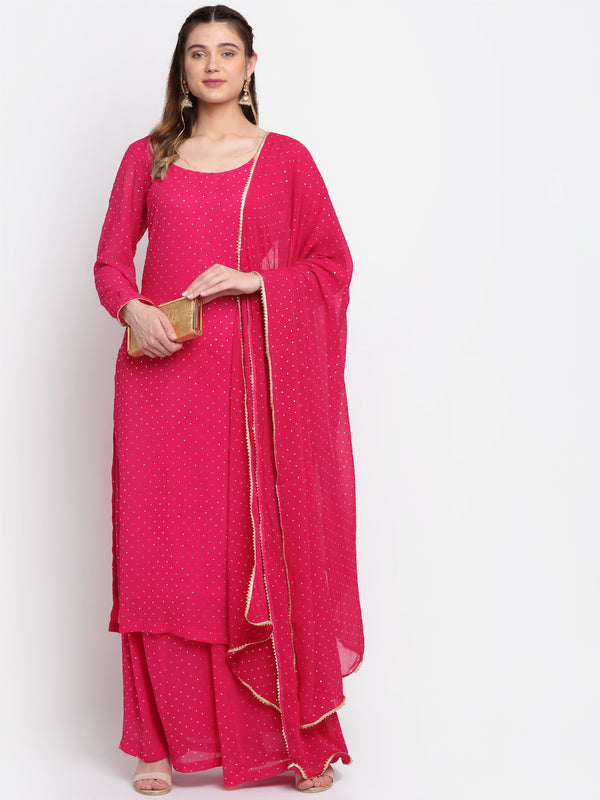 Women's Sparkling Pink Hues Georgette Foil Straight Kurti With Palazzo And Dupatta - Anokherang