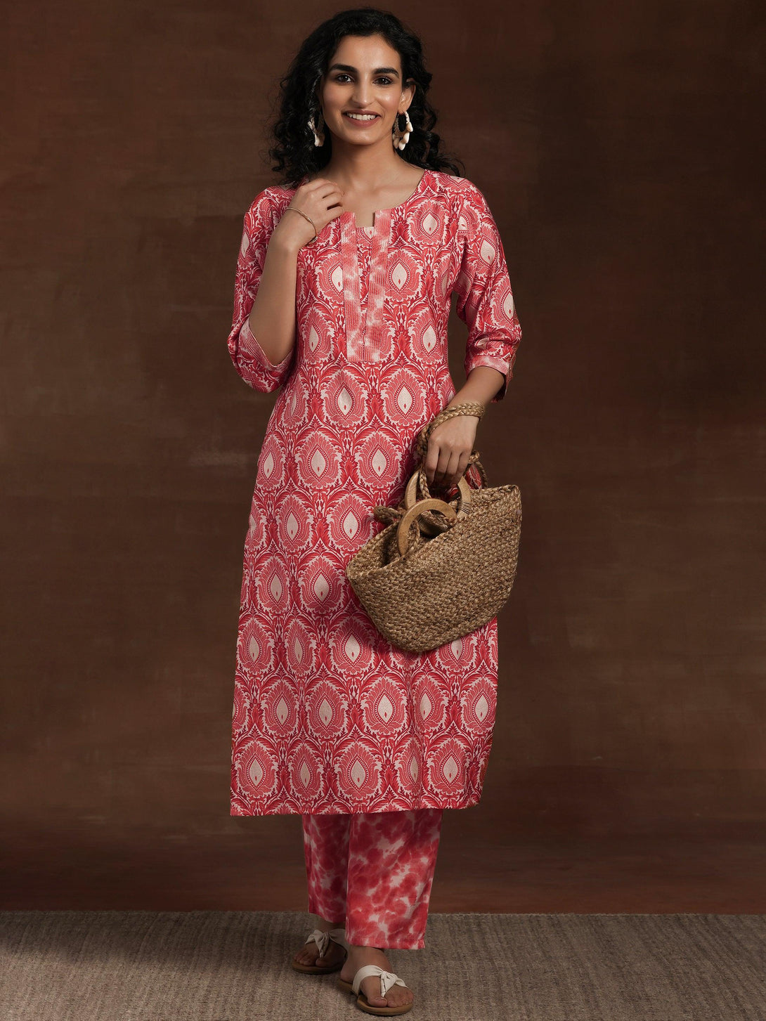 Peach Printed Silk Blend Straight Kurta Set - Jashvi