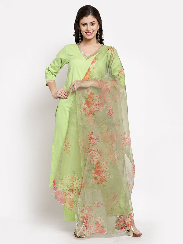 Women Green Kurta with Palazzo and Dupatta Set by Myshka (3 Pc Set)