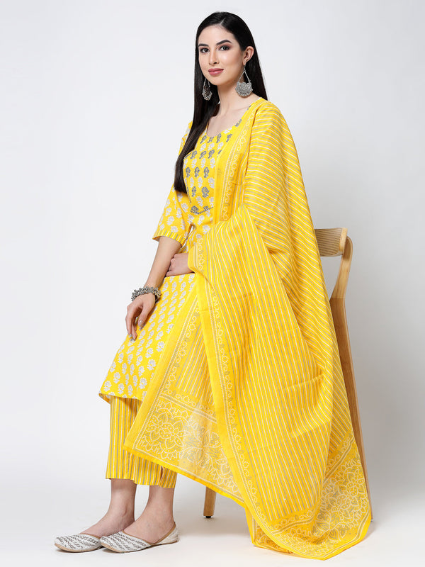 Women's Yellow Embroidered Cotton Suit Set - Benaaz