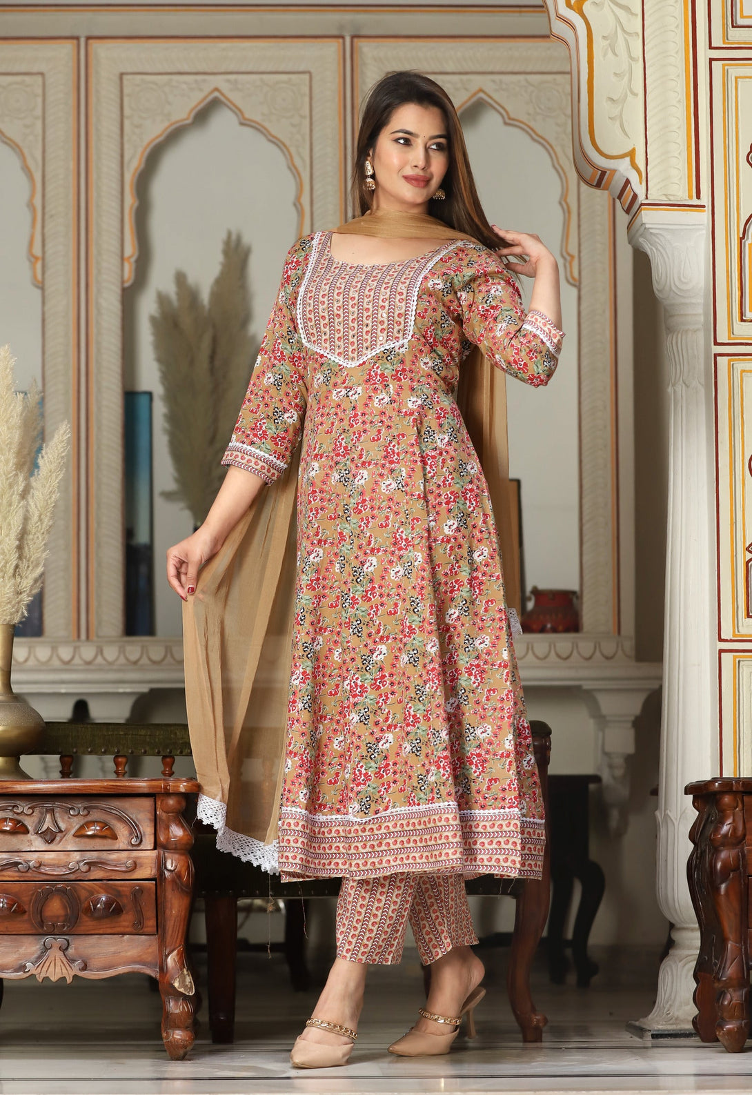 Women's Anarkali Rayon Printed Embroidered Kurta With Pants And Dupatta  - Singni