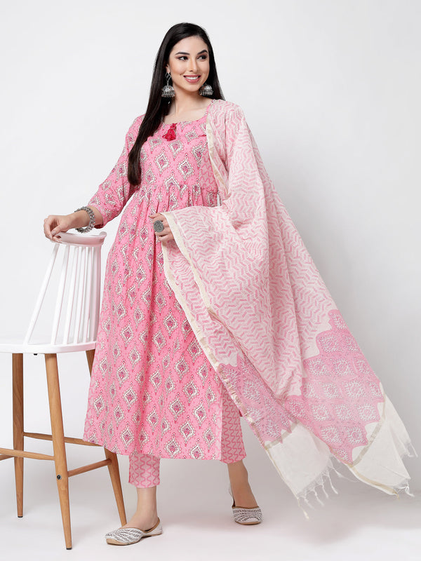 Women's Pink Printed Cotton Naira Cut Kurta Set With Dupatta - Benaaz