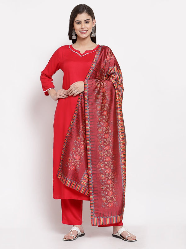 Women's Red Cotton Solid 3/4 Sleeve Square Neck Casual Kurta Pant Dupatta Set - Myshka