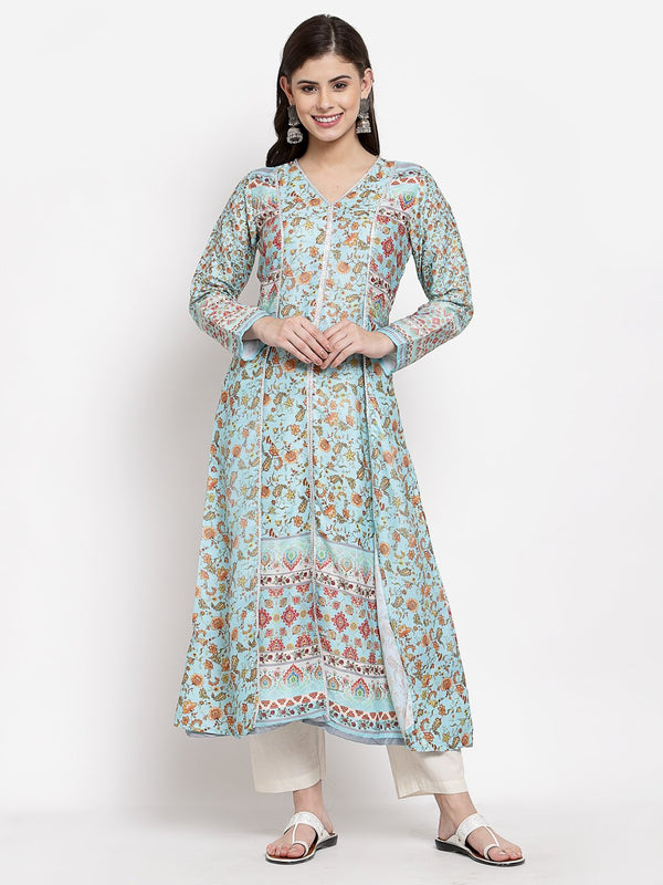 Women's Multi Cotton Printed Full Sleeve V Neck Casual Kurta - Myshka