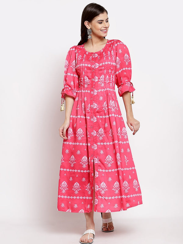 Women's Pink Cotton Printed 3/4 Sleeve Round Neck Casual Dress - Myshka