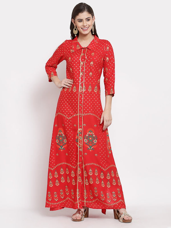 Women's Red Cotton Printed 3/4 Sleeve Collar Neck Casual Anarkali Kurta - Myshka