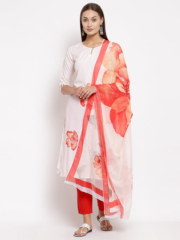 Women's White Printed Cotton Printed 3/4 Sleeve Round Neck Casual Kurta Pant Dupatta Set - Myshka