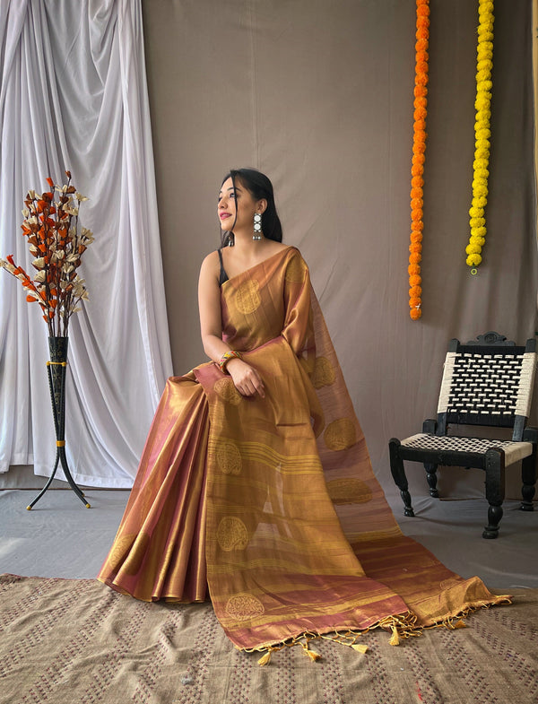 Women's Copper Brown Gulabo Banarasi Tissue Silk Zari Woven Saree  - TASARIKA