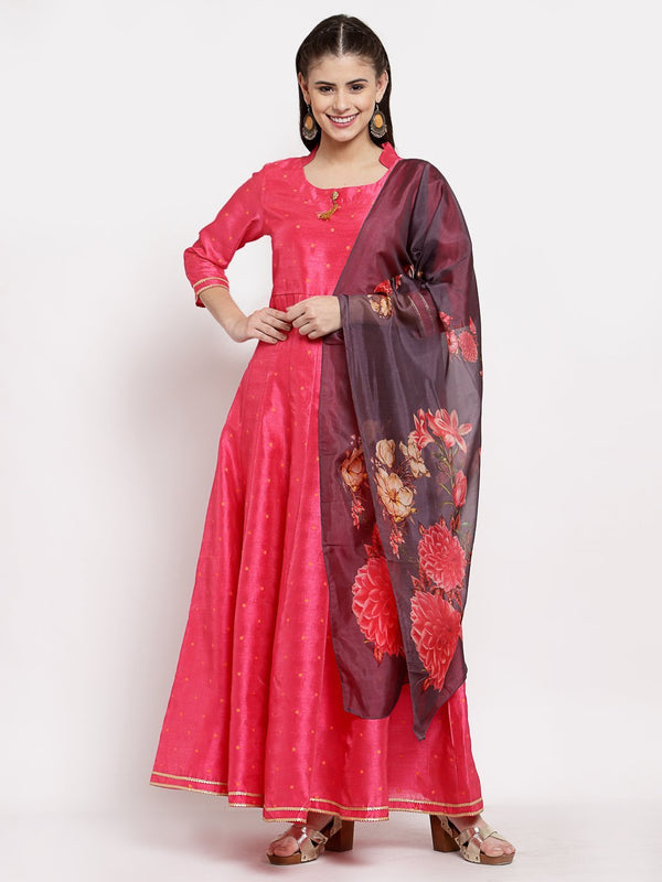 Women's Pink Silk Solid 3/4 Sleeve Round Neck Casual Anarkali Gown - Myshka