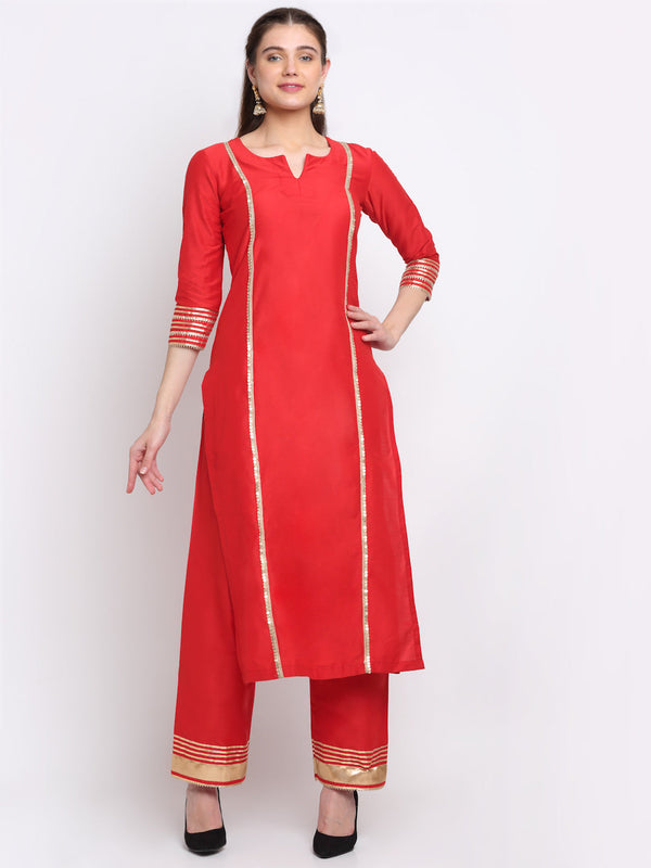 Women's Tyohaar Red Straight Kurti With Straight Pants And Dupatta - Anokherang